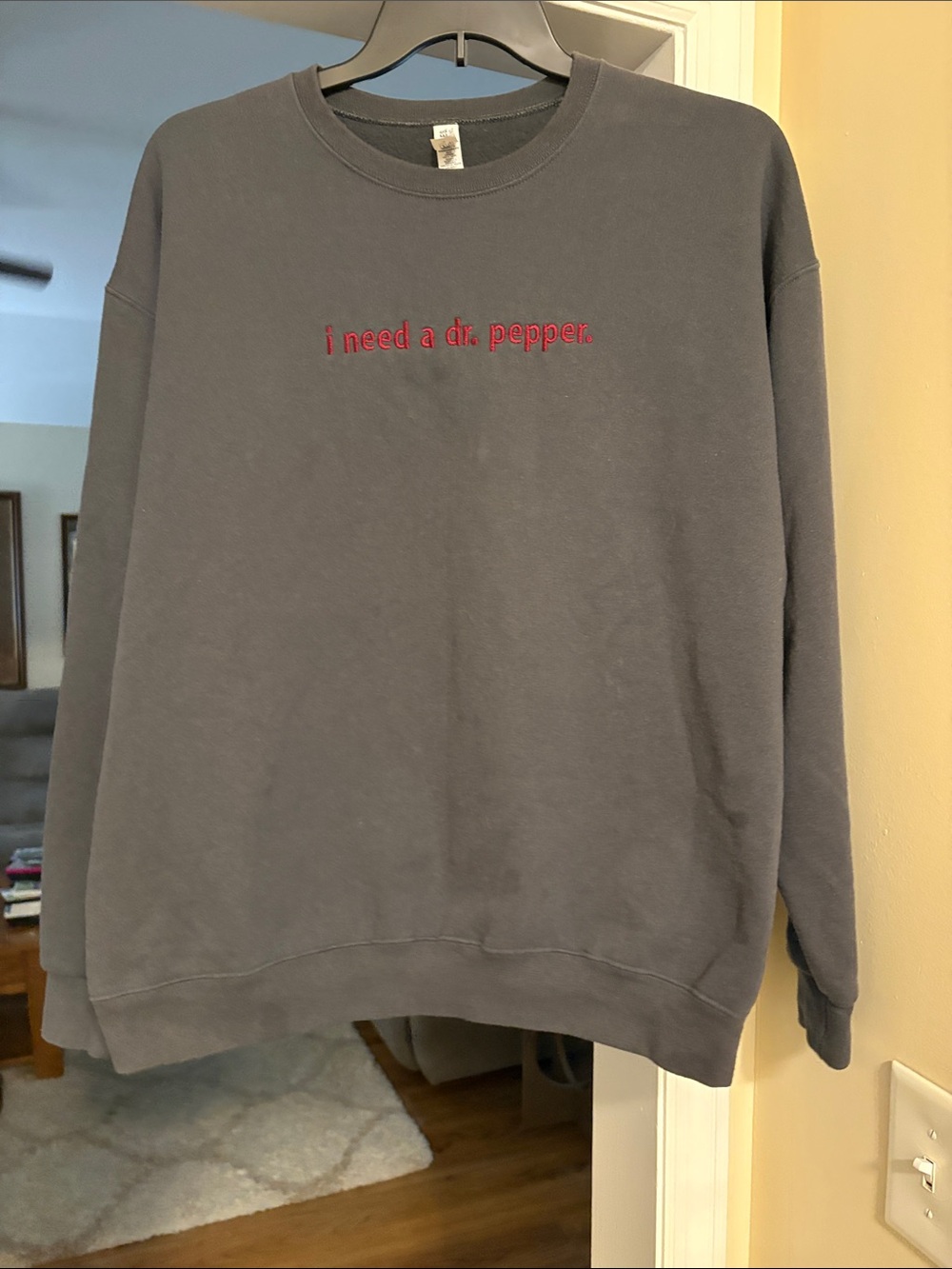 Jerzees Gray Sweatshirt with Red Embroidered Slogan